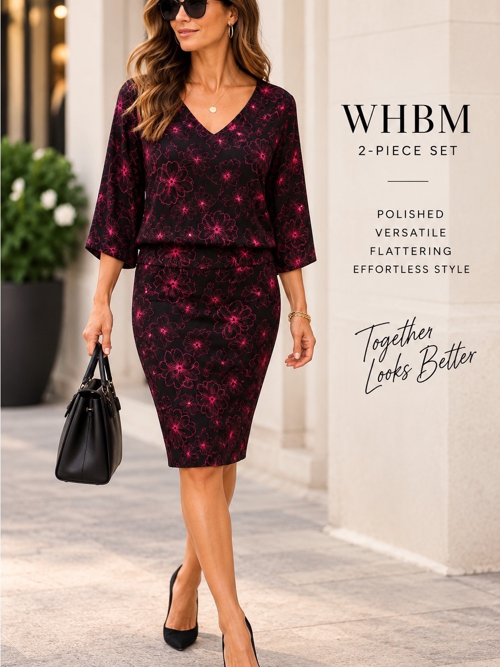 White House Black Market Black and Magenta Floral Sheath shirt/skirt set